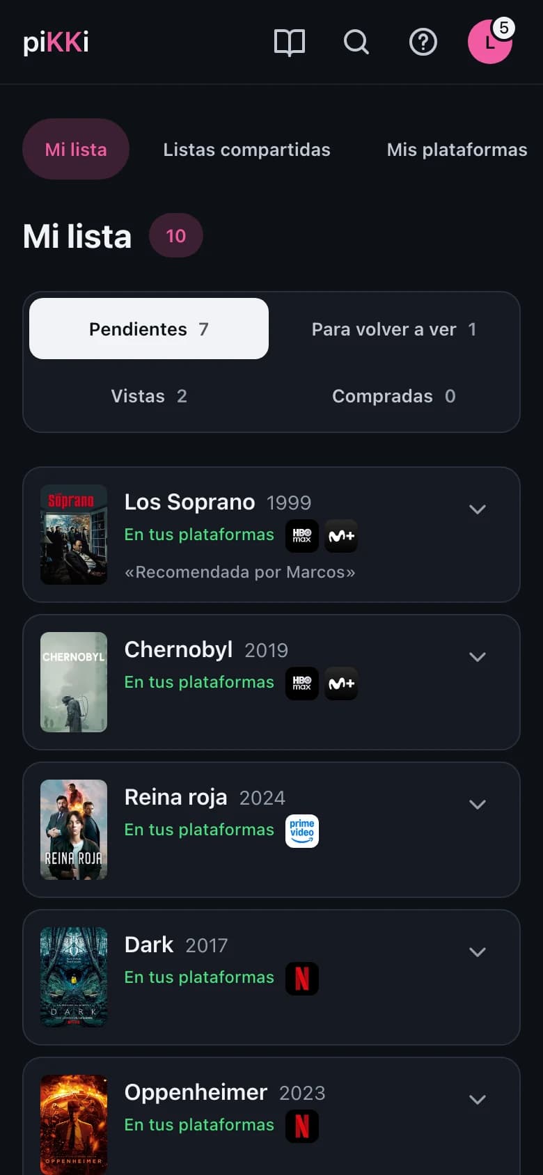 Mi lista con varios títulos guardados, en el móvil.